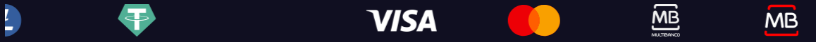 Row of payment method logos on a dark background, including Tether (USDT), Visa, Mastercard, and Multibanco icons.