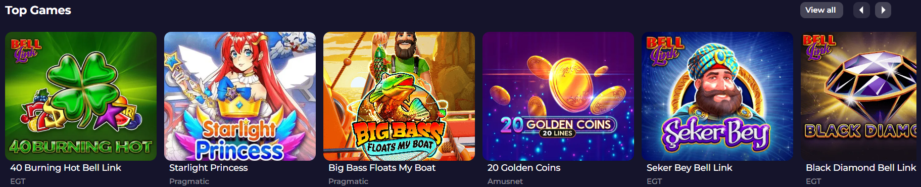 Top Games section showing six casino game tiles: 40 Burning Hot Bell Link, Starlight Princess, Big Bass Floats My Boat, 20 Golden Coins, Seker Bey Bell Link, and Black Diamond Bell Link.