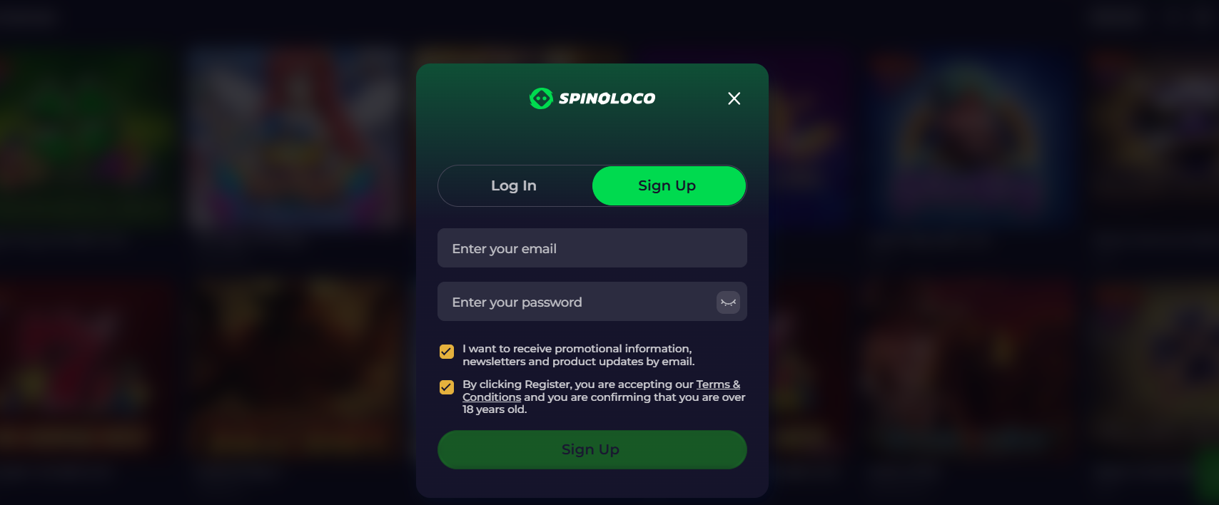 Casino sign-up modal for Spinoloco with email and password fields, promotional opt-in checkbox, terms acceptance, and a green “Sign Up” button.