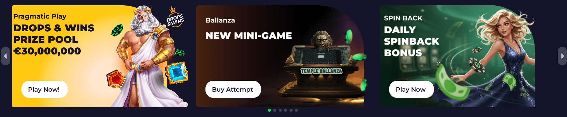 Casino homepage banner slider with promotional cards for Drops & Wins, a Ballanza mini-game, and a daily spinback bonus, each featuring a call-to-action button.